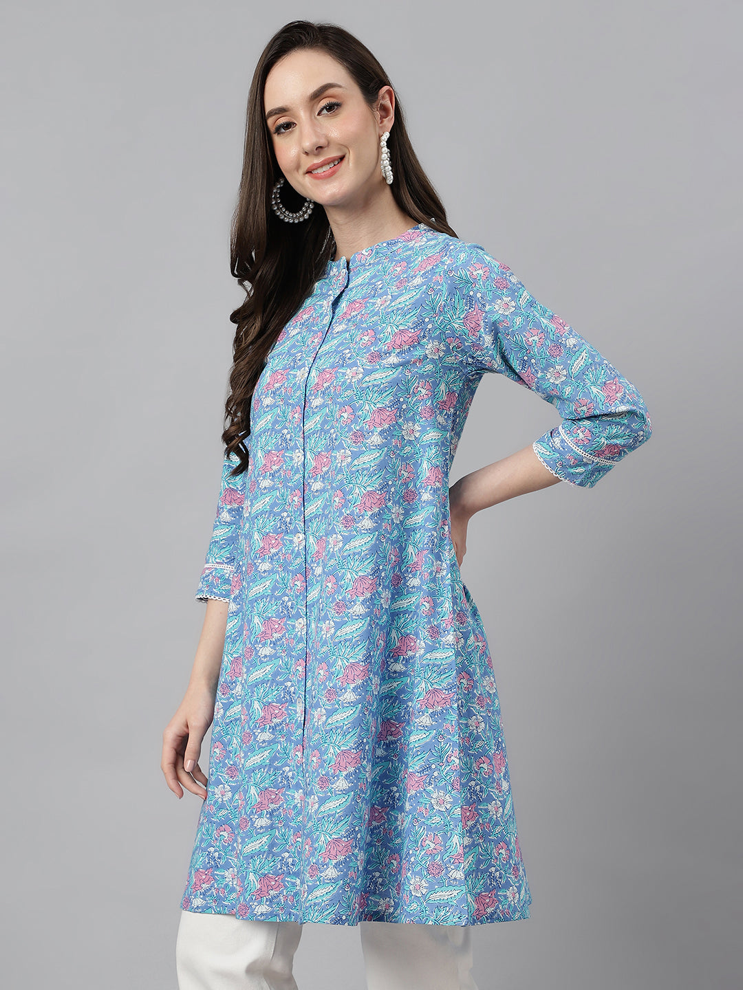 Janasya Women's Multicolor Cotton Botanical Print Casual A-Line Tunic | Swadesiicart