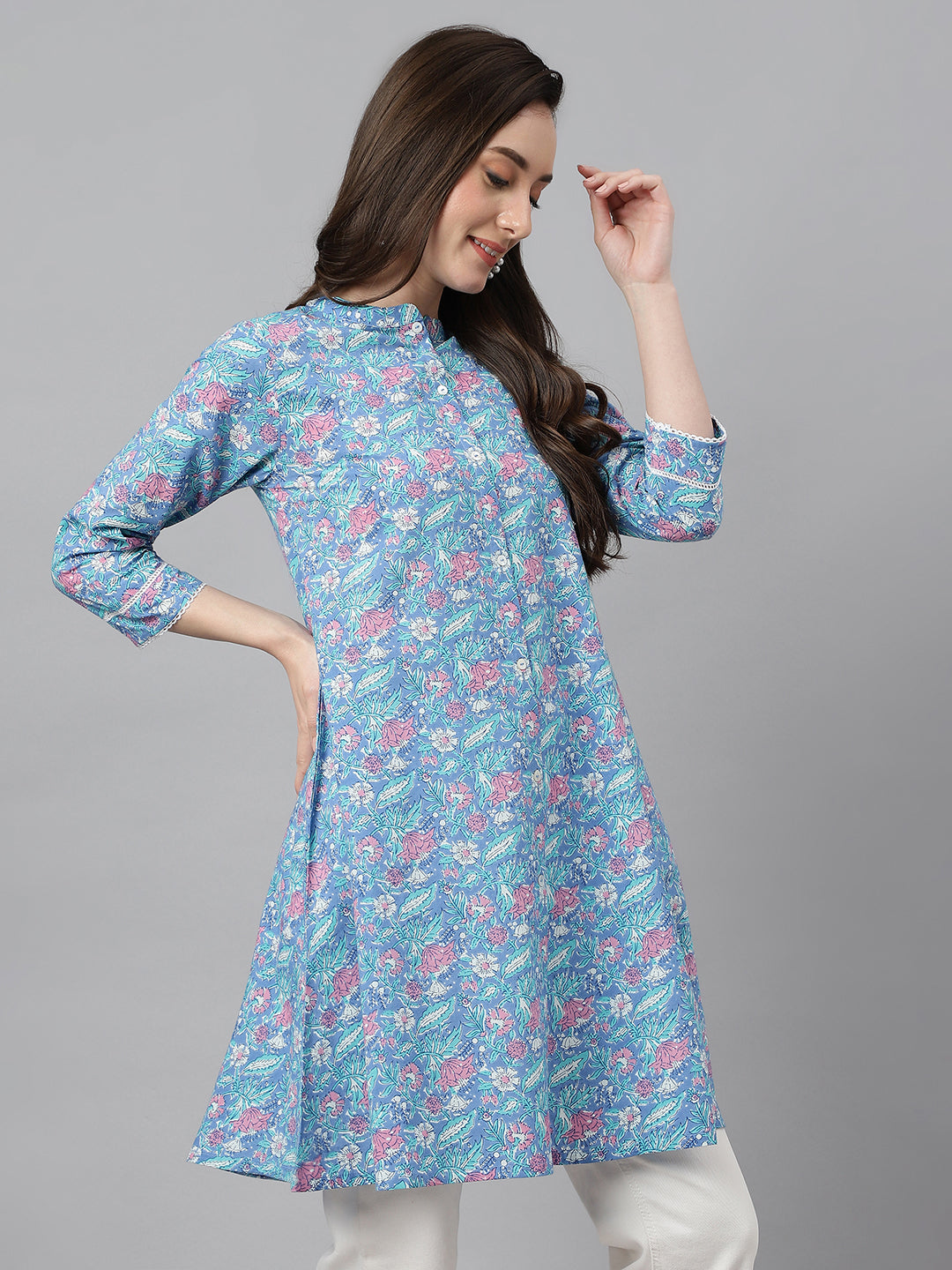 Janasya Women's Multicolor Cotton Botanical Print Casual A-Line Tunic | Swadesiicart