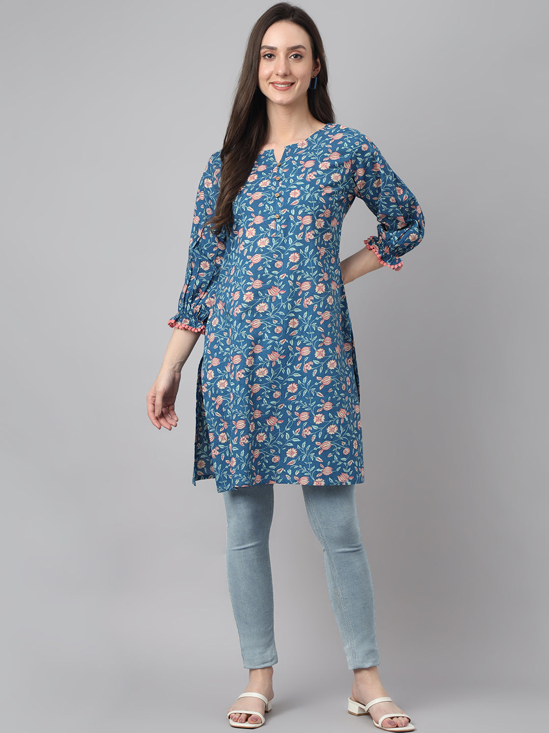 Janasya Women's Blue Cotton Floral Print Casual Regular Tunic | Swadesiicart