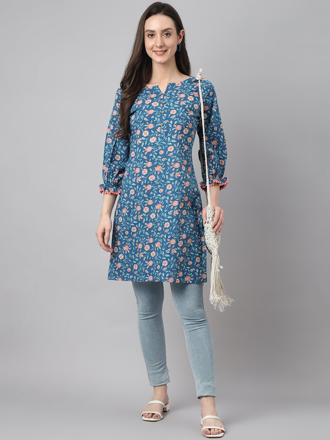 Janasya Women's Blue Cotton Floral Print Casual Regular Tunic | Swadesiicart
