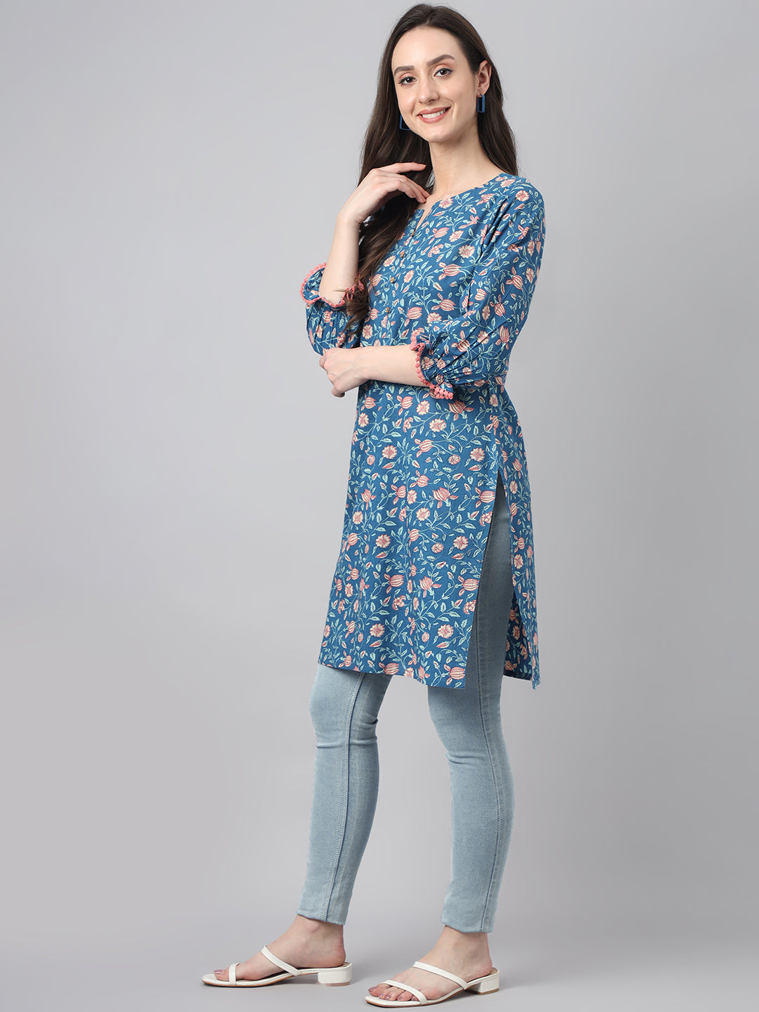 Janasya Women's Blue Cotton Floral Print Casual Regular Tunic | Swadesiicart