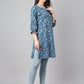 Janasya Women's Blue Cotton Floral Print Casual Regular Tunic | Swadesiicart