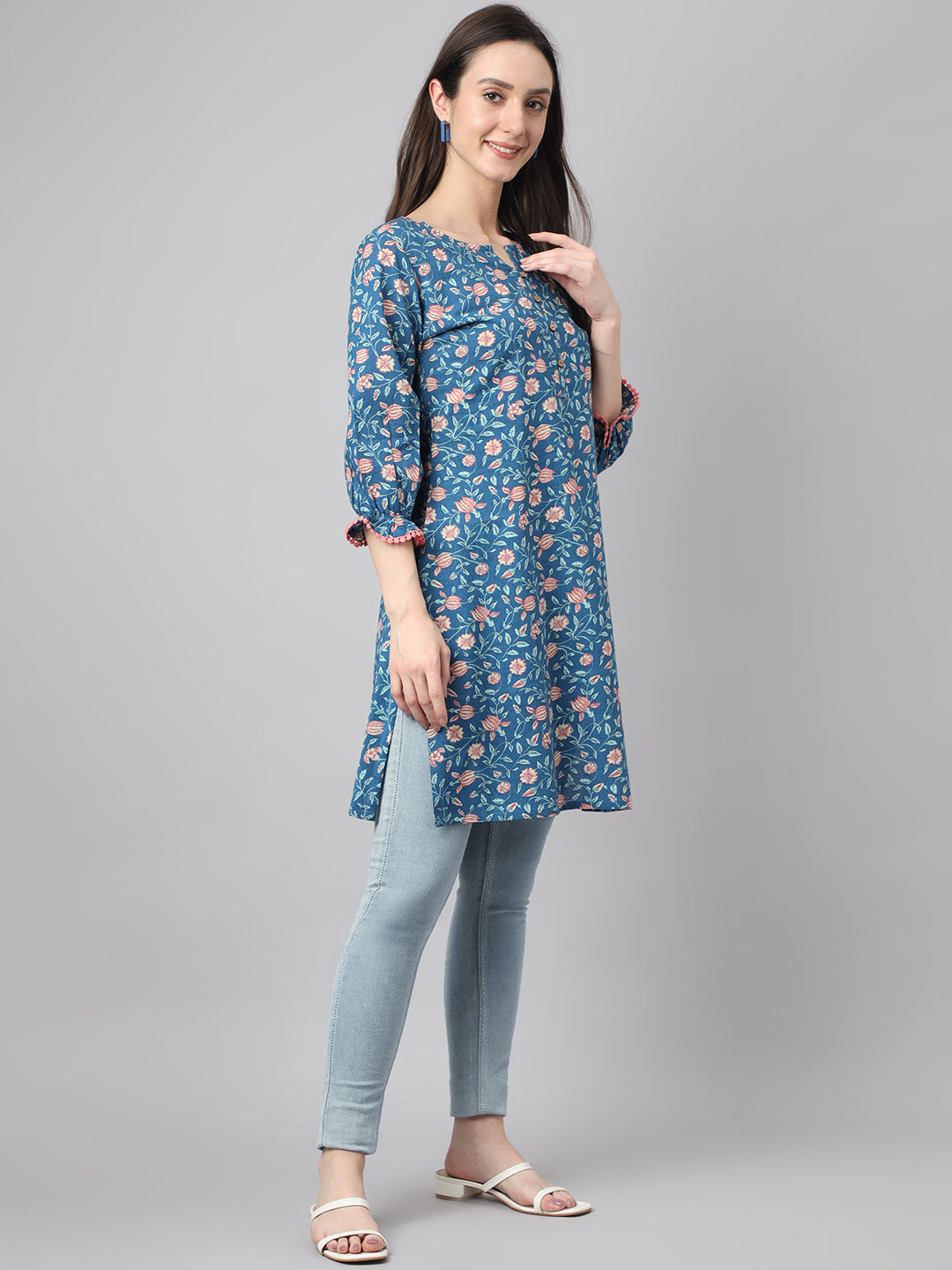 Janasya Women's Blue Cotton Floral Print Casual Regular Tunic | Swadesiicart