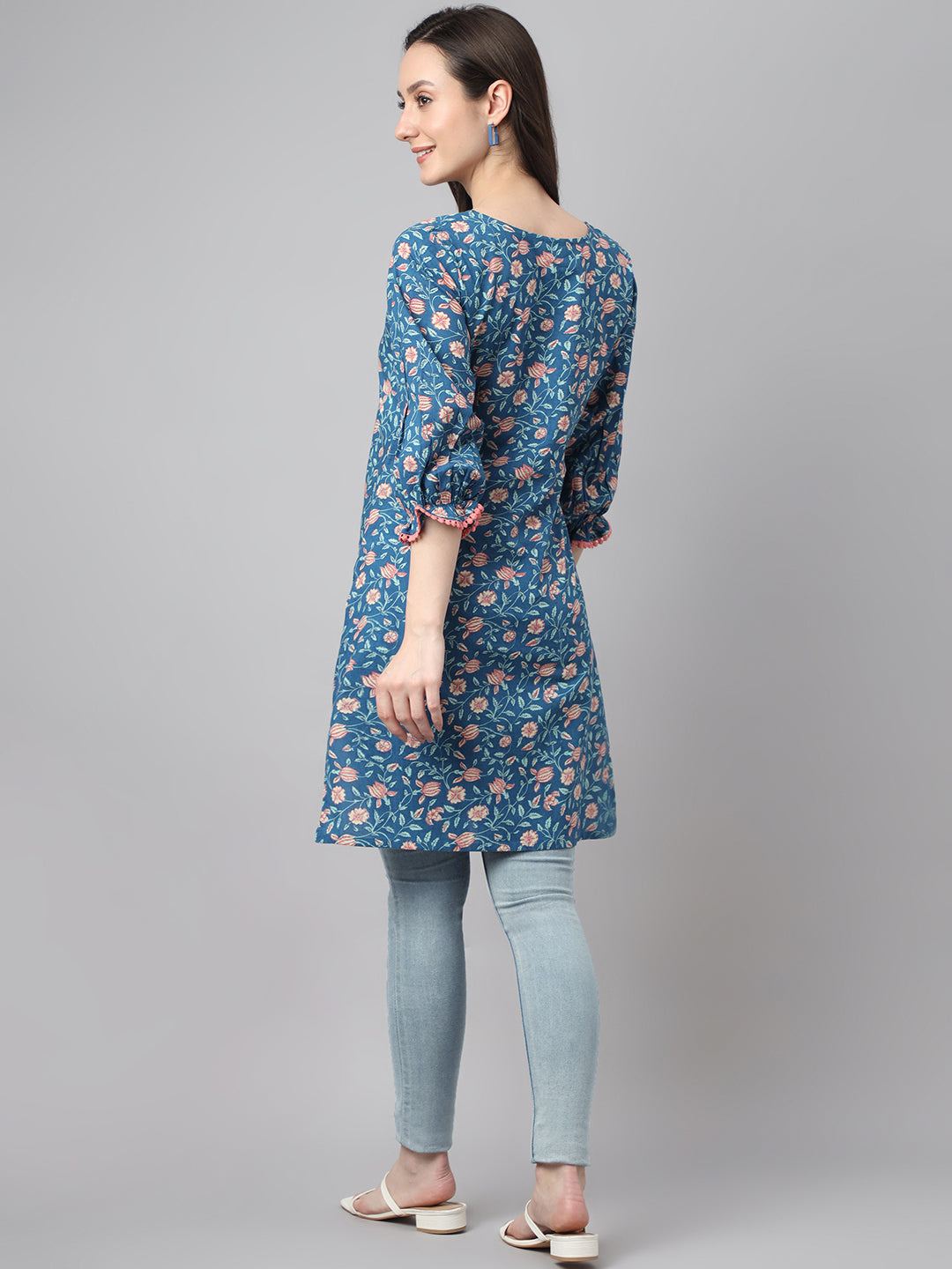 Janasya Women's Blue Cotton Floral Print Casual Regular Tunic | Swadesiicart