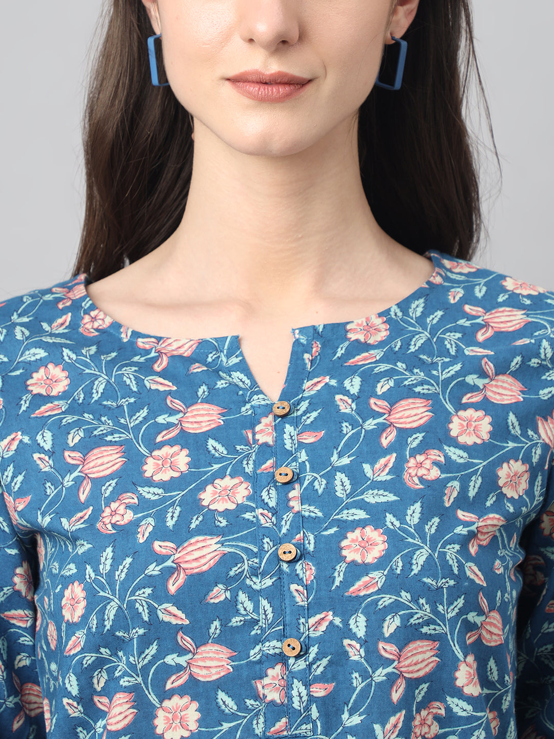Janasya Women's Blue Cotton Floral Print Casual Regular Tunic | Swadesiicart