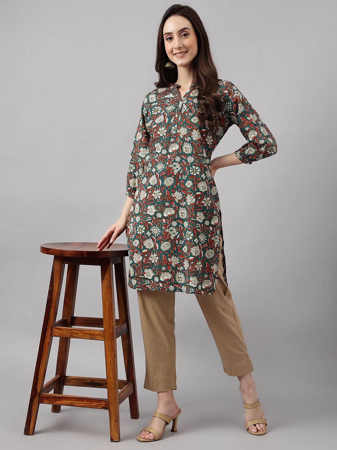 Janasya Women's Dark Green Cotton Floral Print Casual Regular Tunic | Swadesiicart
