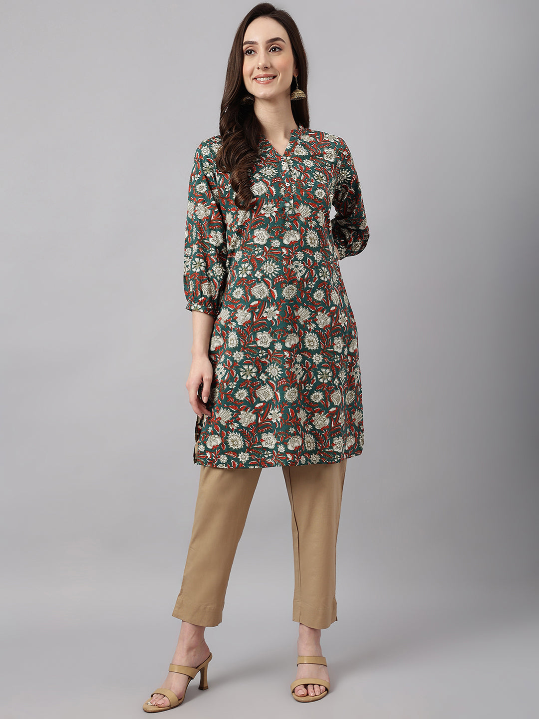 Janasya Women's Dark Green Cotton Floral Print Casual Regular Tunic | Swadesiicart