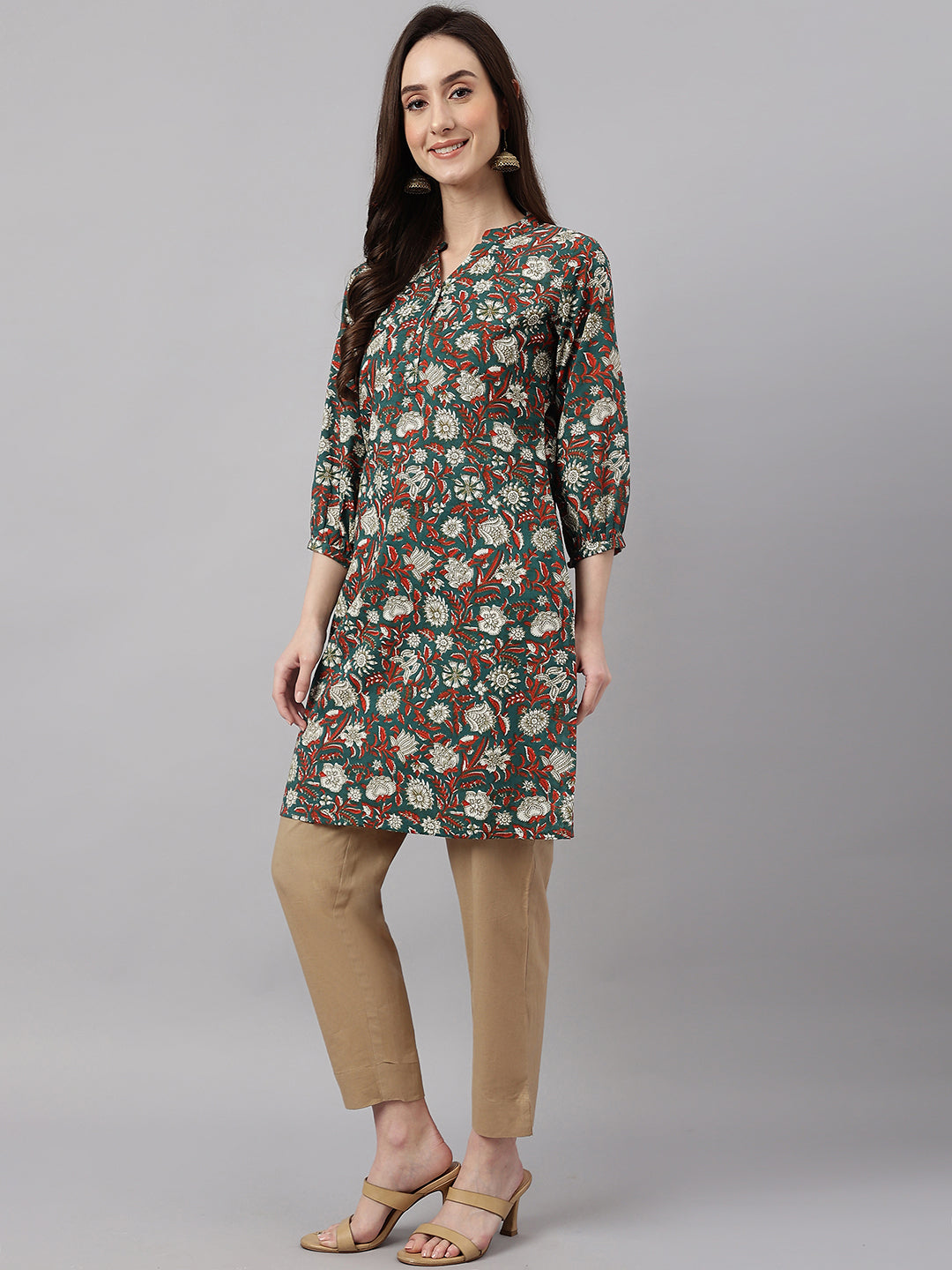 Janasya Women's Dark Green Cotton Floral Print Casual Regular Tunic | Swadesiicart