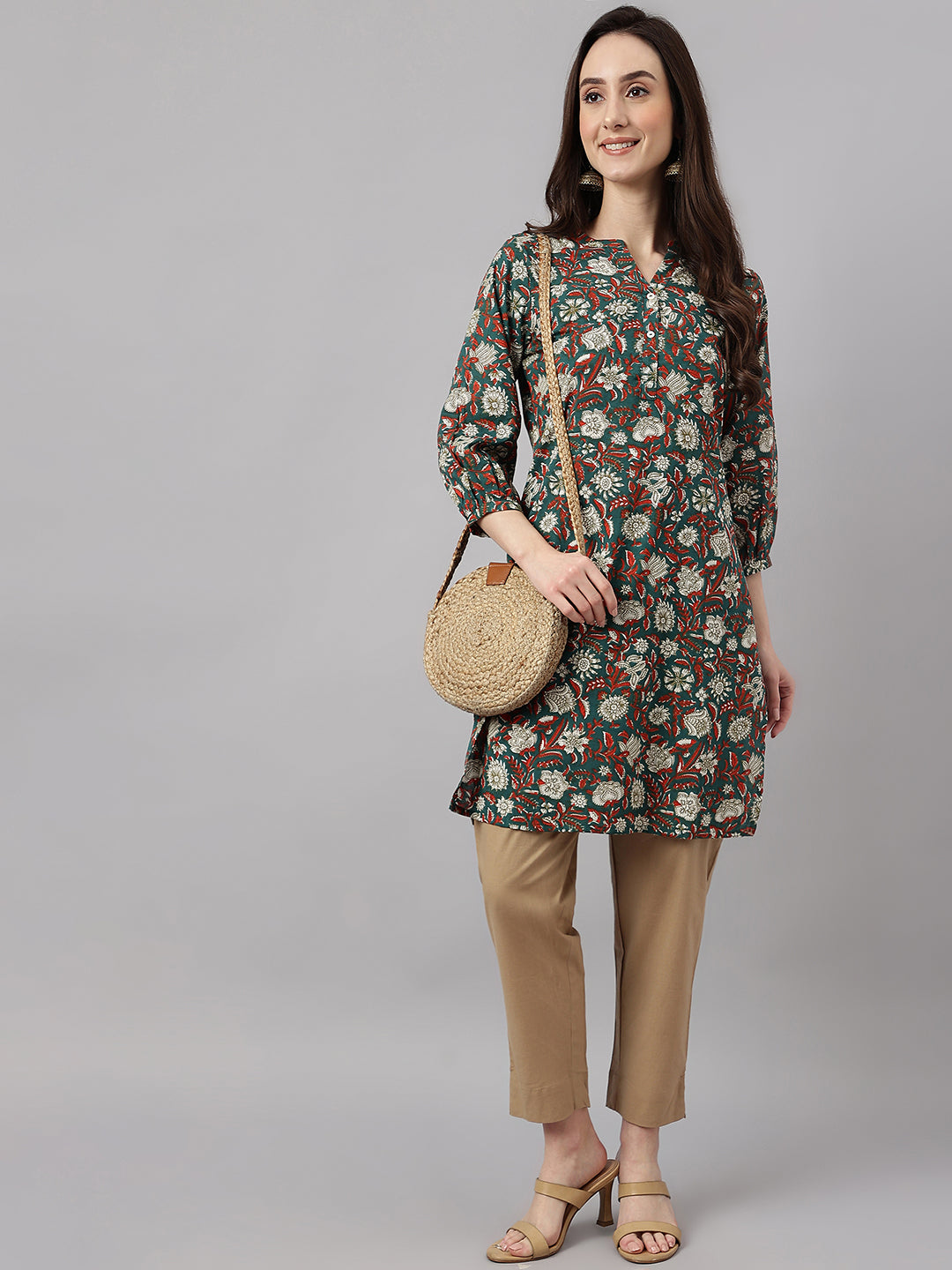 Janasya Women's Dark Green Cotton Floral Print Casual Regular Tunic | Swadesiicart