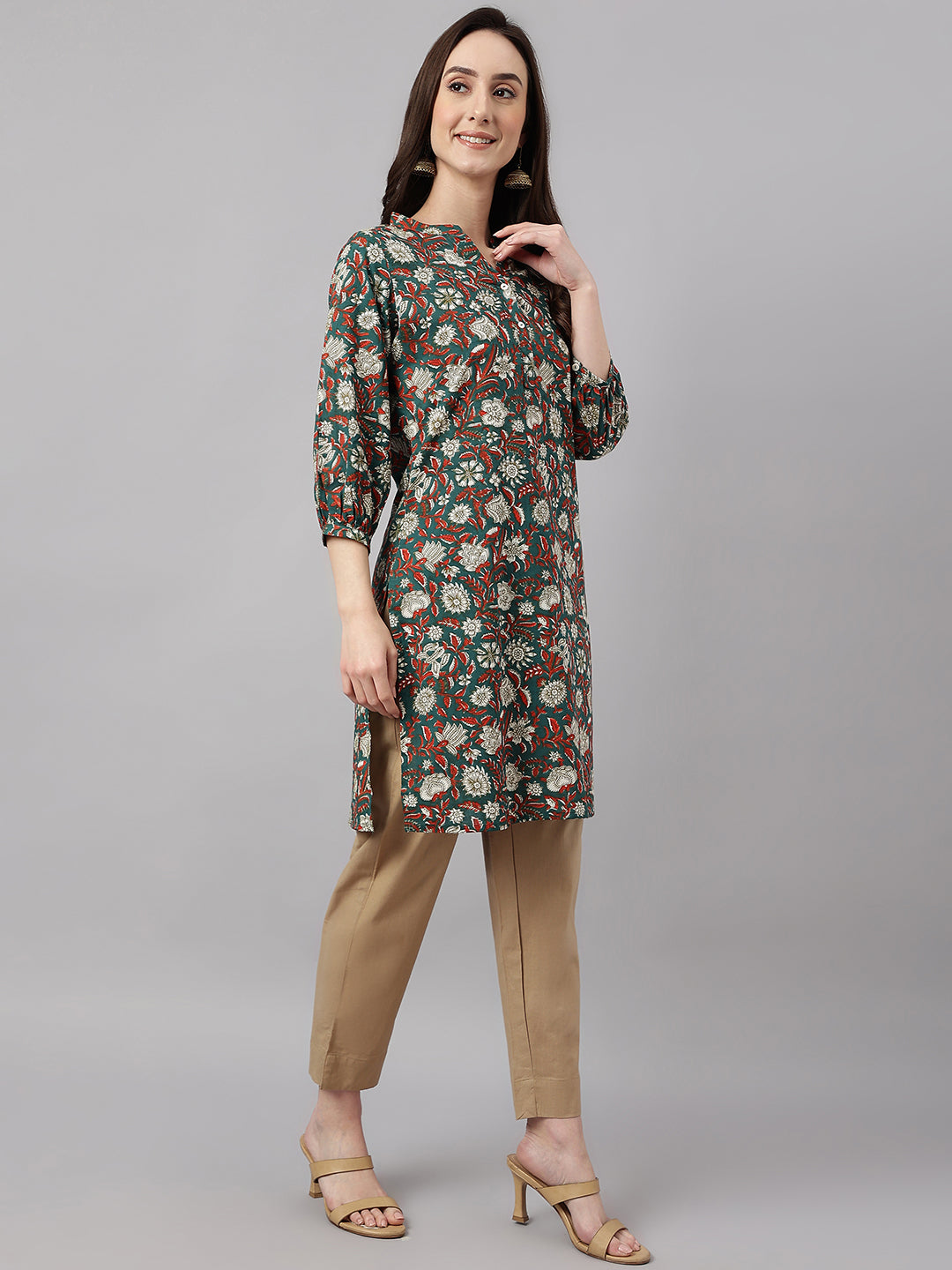Janasya Women's Dark Green Cotton Floral Print Casual Regular Tunic | Swadesiicart
