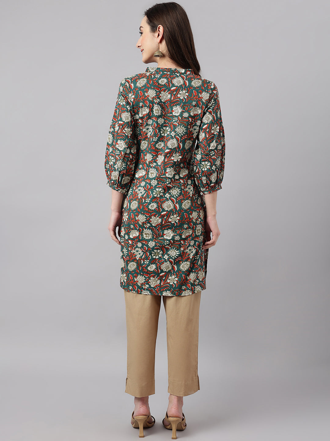 Janasya Women's Dark Green Cotton Floral Print Casual Regular Tunic | Swadesiicart