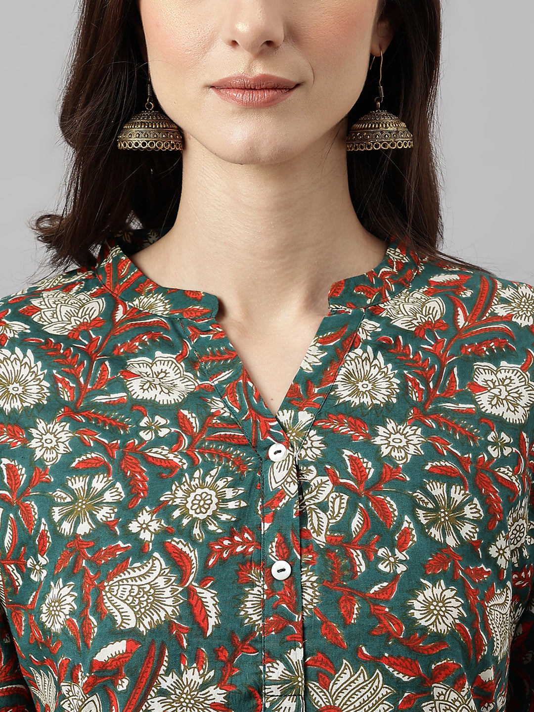 Janasya Women's Dark Green Cotton Floral Print Casual Regular Tunic | Swadesiicart