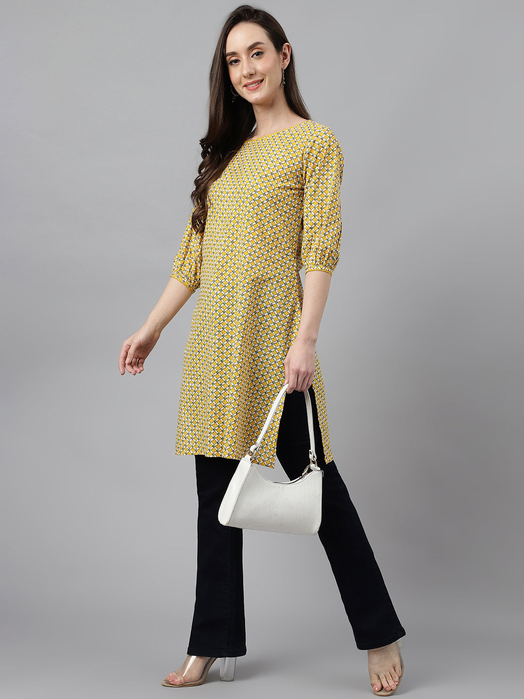 Janasya Women's Yellow Cotton Ethnic Motifs Casual Regular Tunic | Swadesiicart