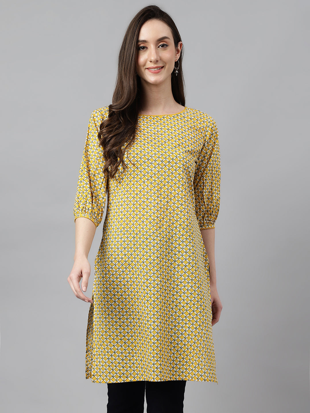 Janasya Women's Yellow Cotton Ethnic Motifs Casual Regular Tunic | Swadesiicart