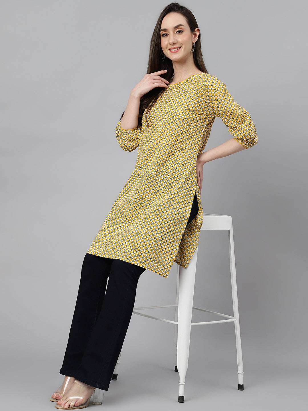 Janasya Women's Yellow Cotton Ethnic Motifs Casual Regular Tunic | Swadesiicart