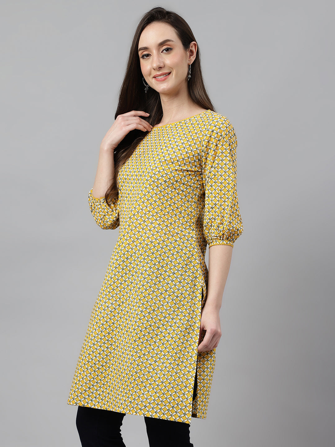 Janasya Women's Yellow Cotton Ethnic Motifs Casual Regular Tunic | Swadesiicart
