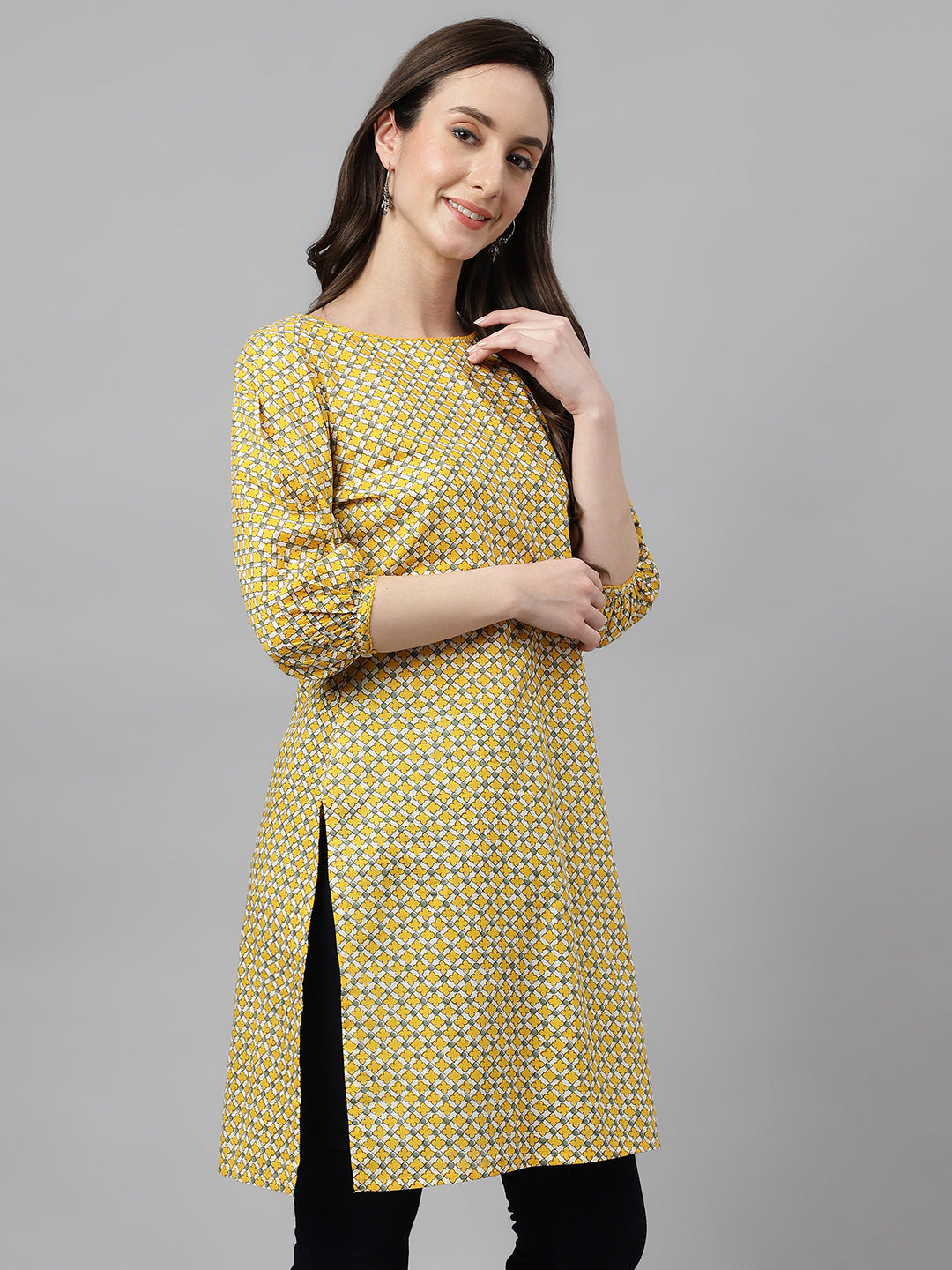 Janasya Women's Yellow Cotton Ethnic Motifs Casual Regular Tunic | Swadesiicart