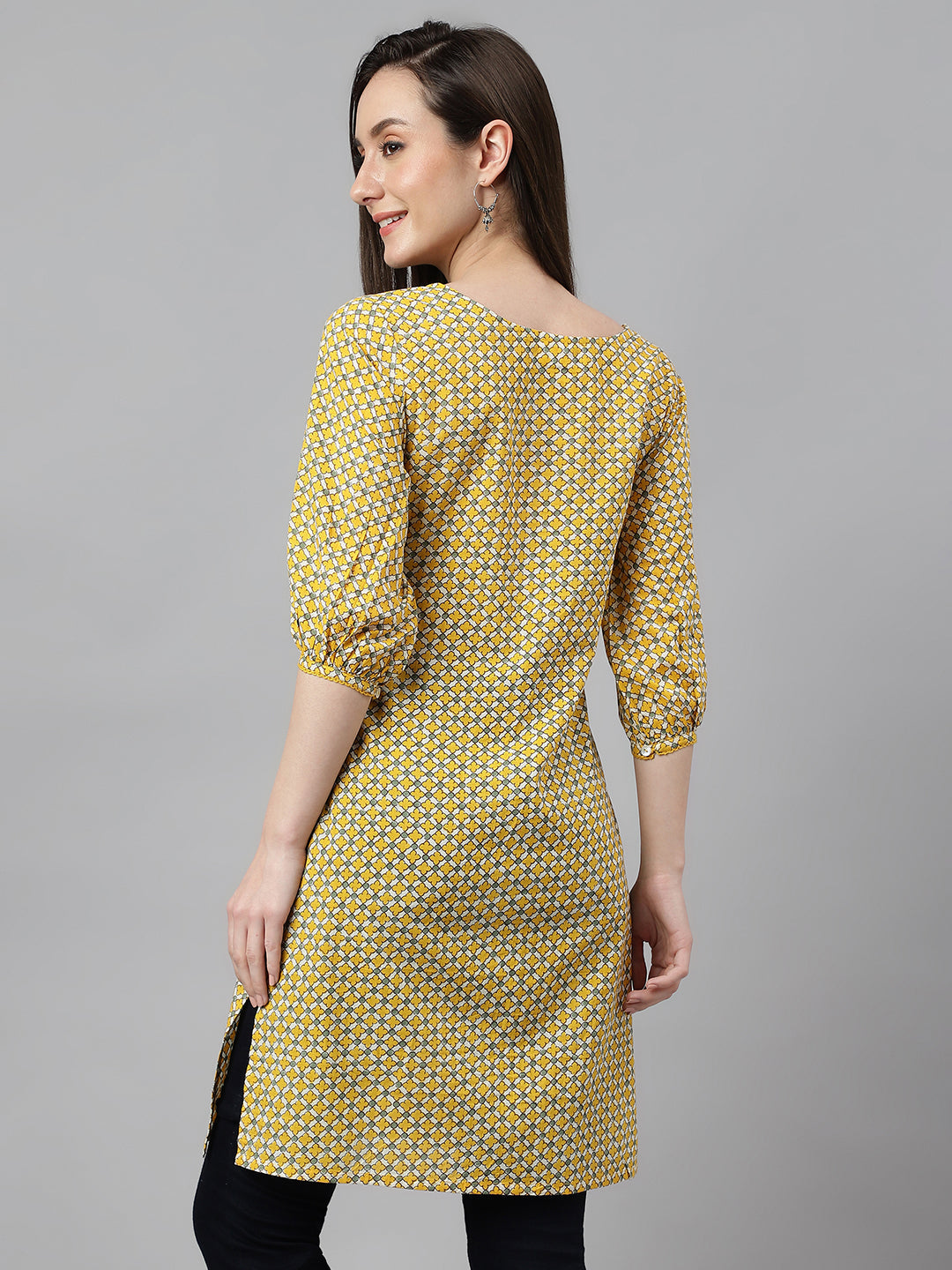 Janasya Women's Yellow Cotton Ethnic Motifs Casual Regular Tunic | Swadesiicart
