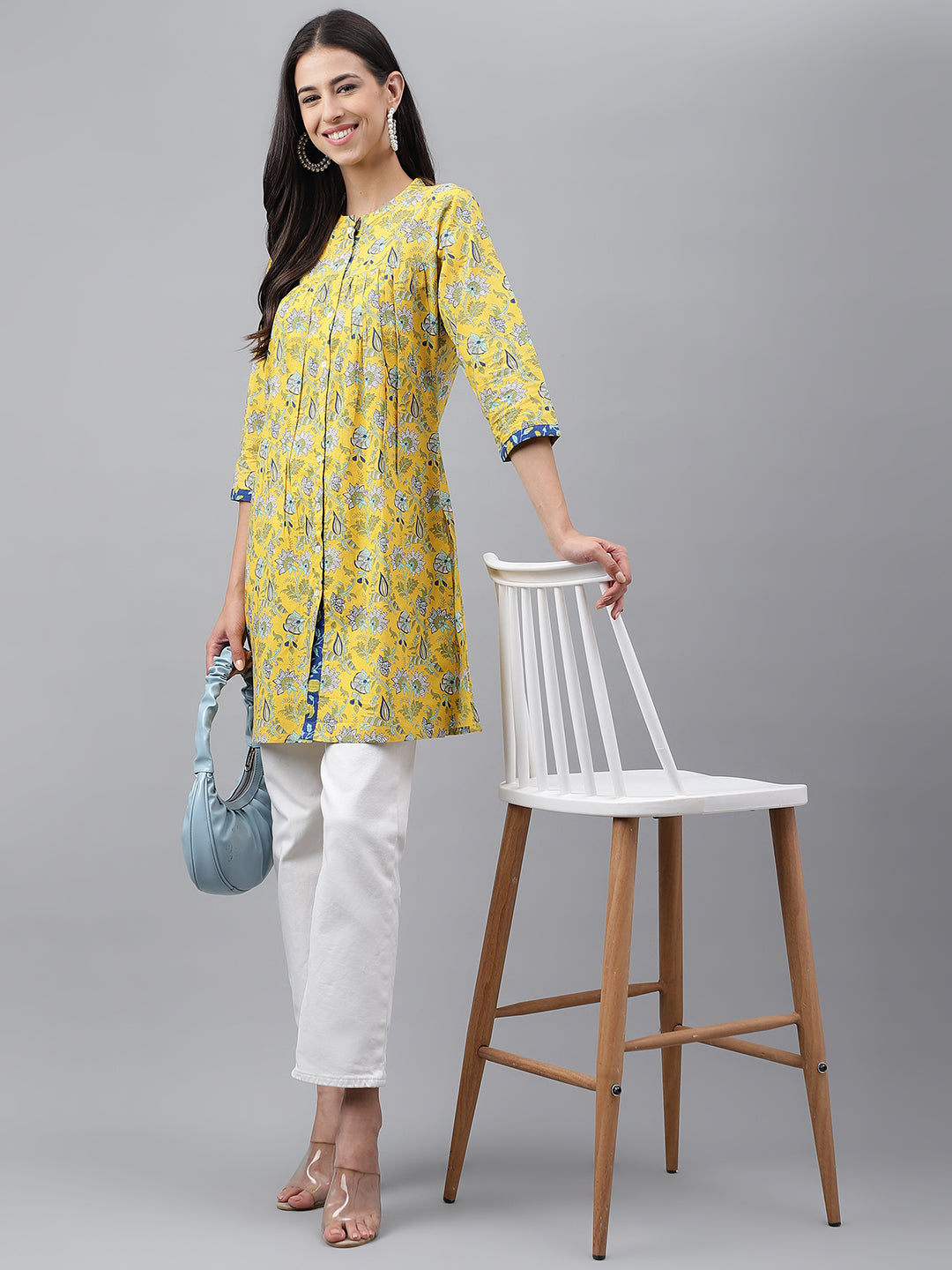 Janasya Women's Yellow Cotton Floral Print Casual Empire Tunic | Swadesiicart