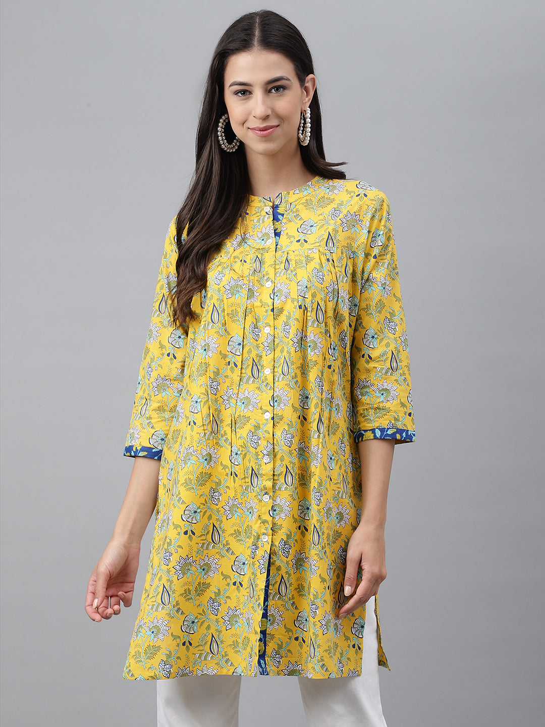 Janasya Women's Yellow Cotton Floral Print Casual Empire Tunic | Swadesiicart