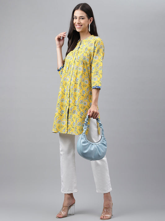 Janasya Women's Yellow Cotton Floral Print Casual Empire Tunic | Swadesiicart