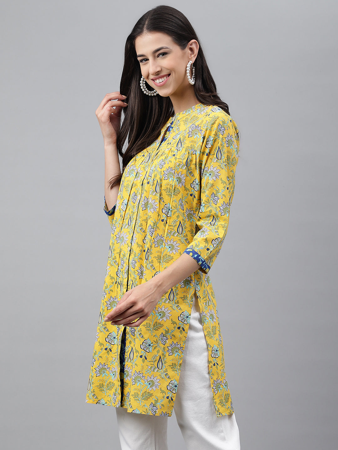 Janasya Women's Yellow Cotton Floral Print Casual Empire Tunic | Swadesiicart