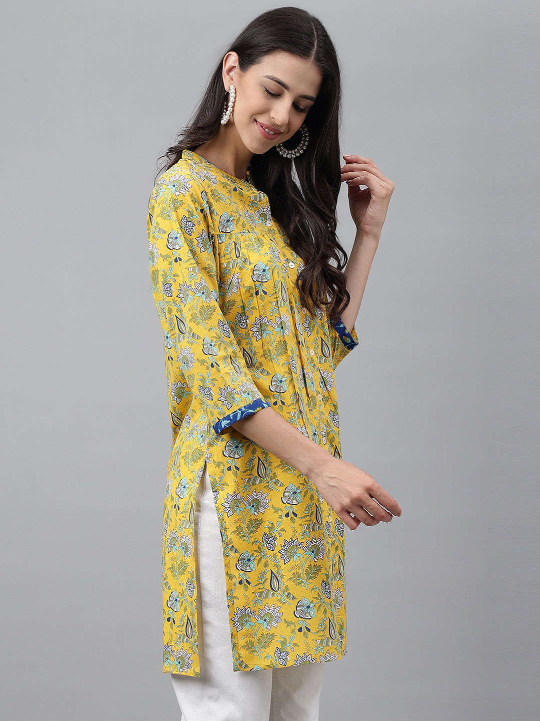 Janasya Women's Yellow Cotton Floral Print Casual Empire Tunic | Swadesiicart