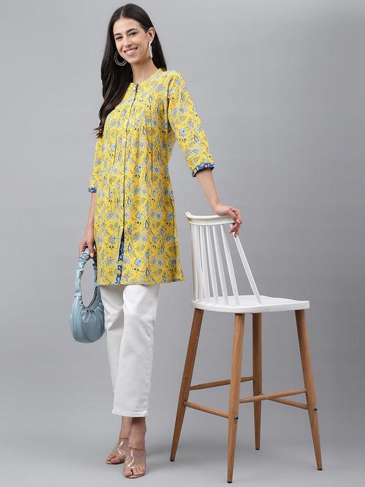 Janasya Women's Yellow Cotton Floral Print Casual Empire Tunic | Swadesiicart