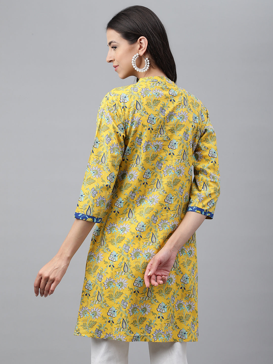 Janasya Women's Yellow Cotton Floral Print Casual Empire Tunic | Swadesiicart
