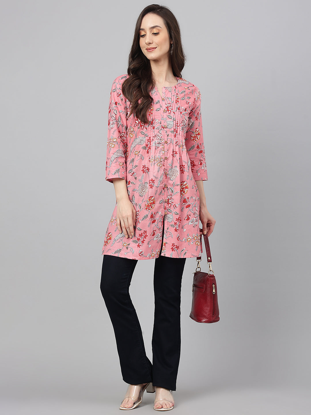 Janasya Women's Pink Cotton Floral Print Casual Regular Tunic | Swadesiicart