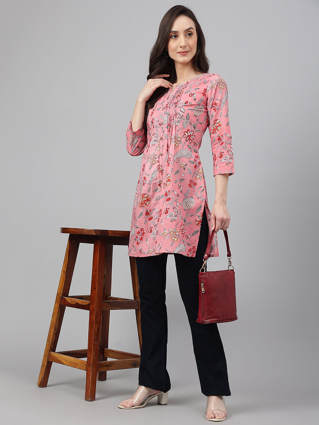 Janasya Women's Pink Cotton Floral Print Casual Regular Tunic | Swadesiicart