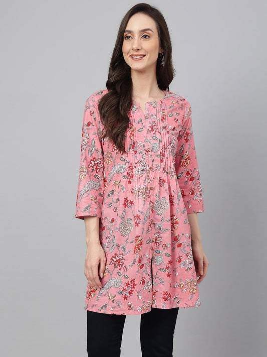 Janasya Women's Pink Cotton Floral Print Casual Regular Tunic | Swadesiicart