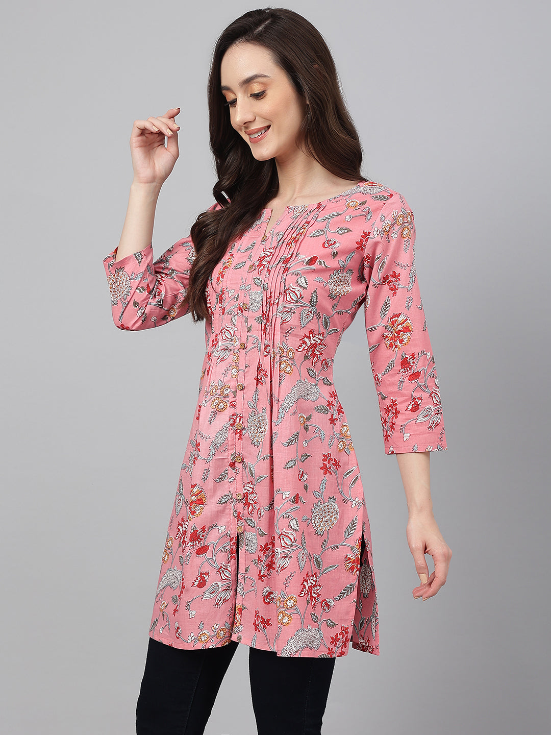 Janasya Women's Pink Cotton Floral Print Casual Regular Tunic | Swadesiicart