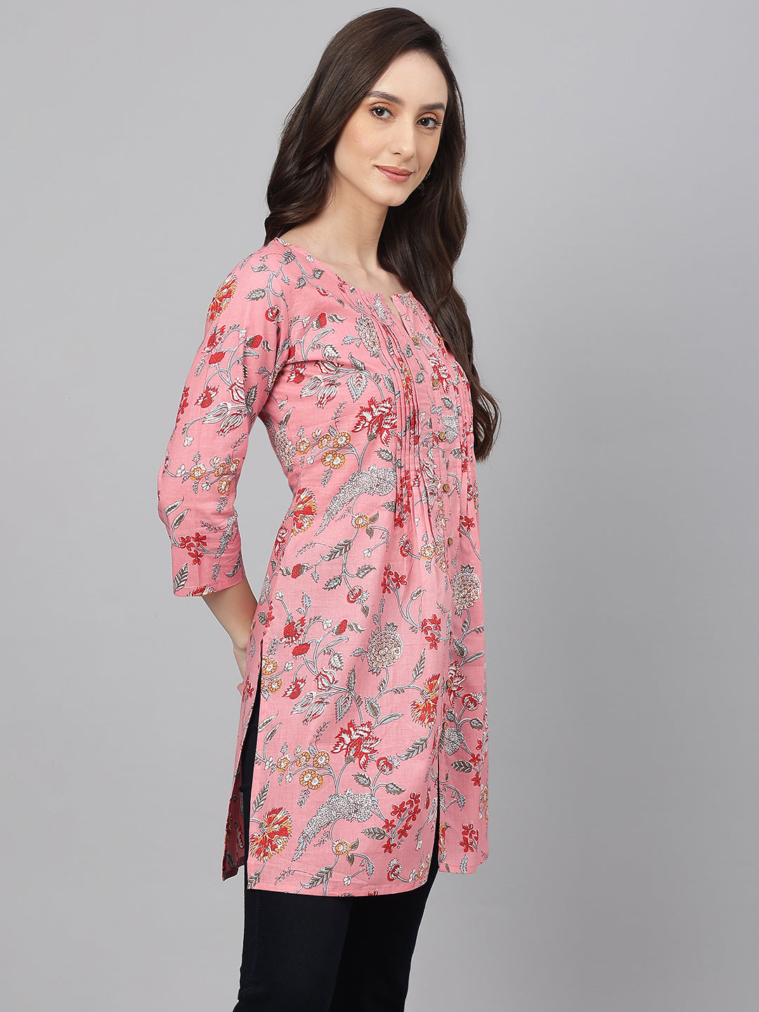 Janasya Women's Pink Cotton Floral Print Casual Regular Tunic | Swadesiicart