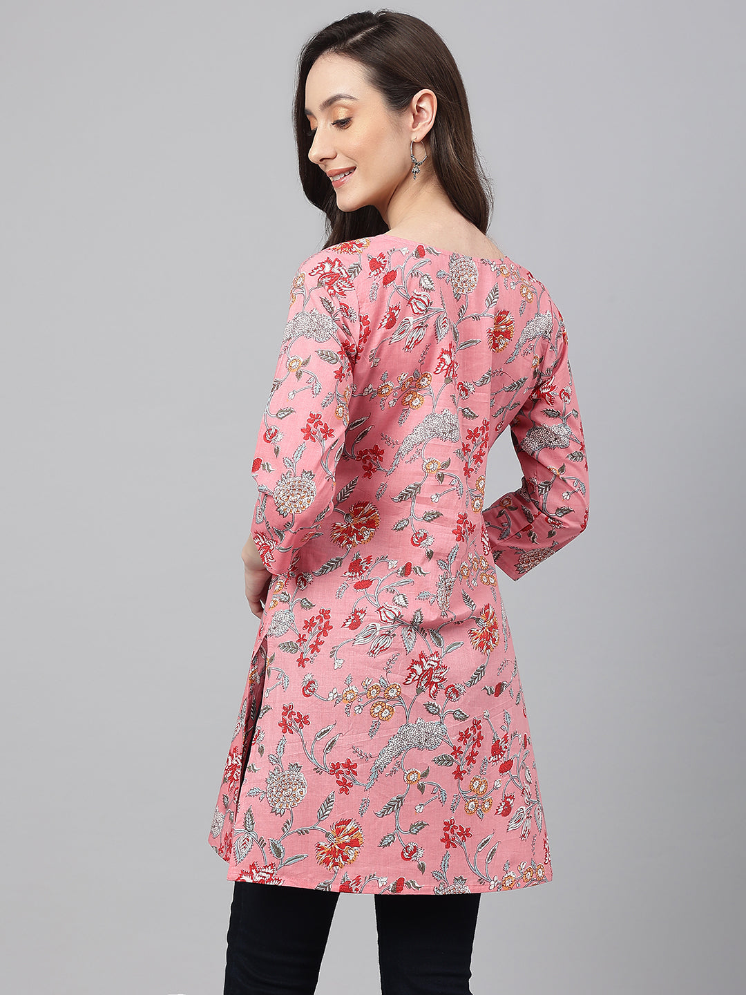 Janasya Women's Pink Cotton Floral Print Casual Regular Tunic | Swadesiicart