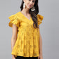 Janasya Women's Mustard Cotton Schiffli Casual Gathered Top | Swadesiicart
