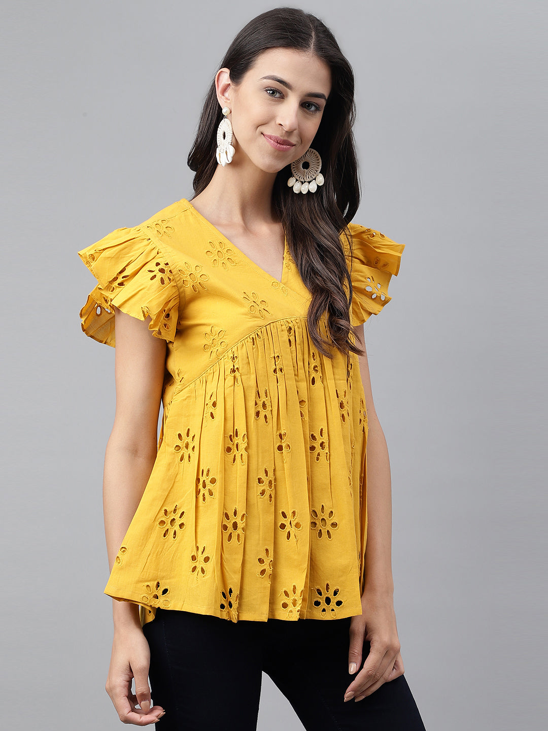 Janasya Women's Mustard Cotton Schiffli Casual Gathered Top | Swadesiicart
