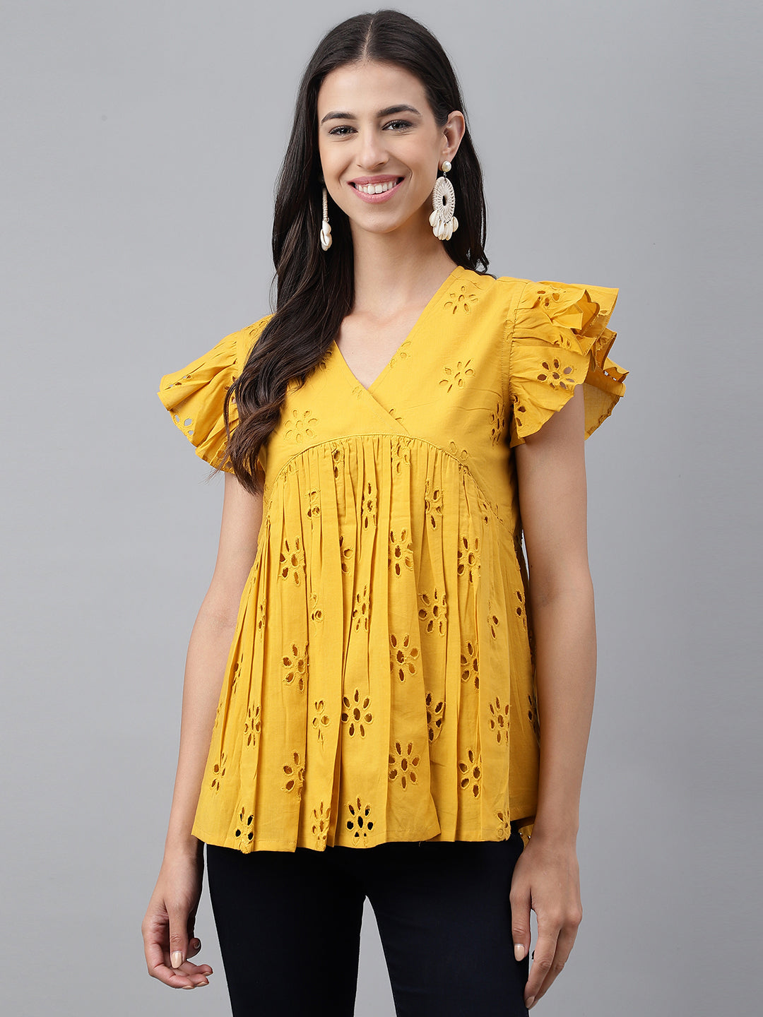Janasya Women's Mustard Cotton Schiffli Casual Gathered Top | Swadesiicart