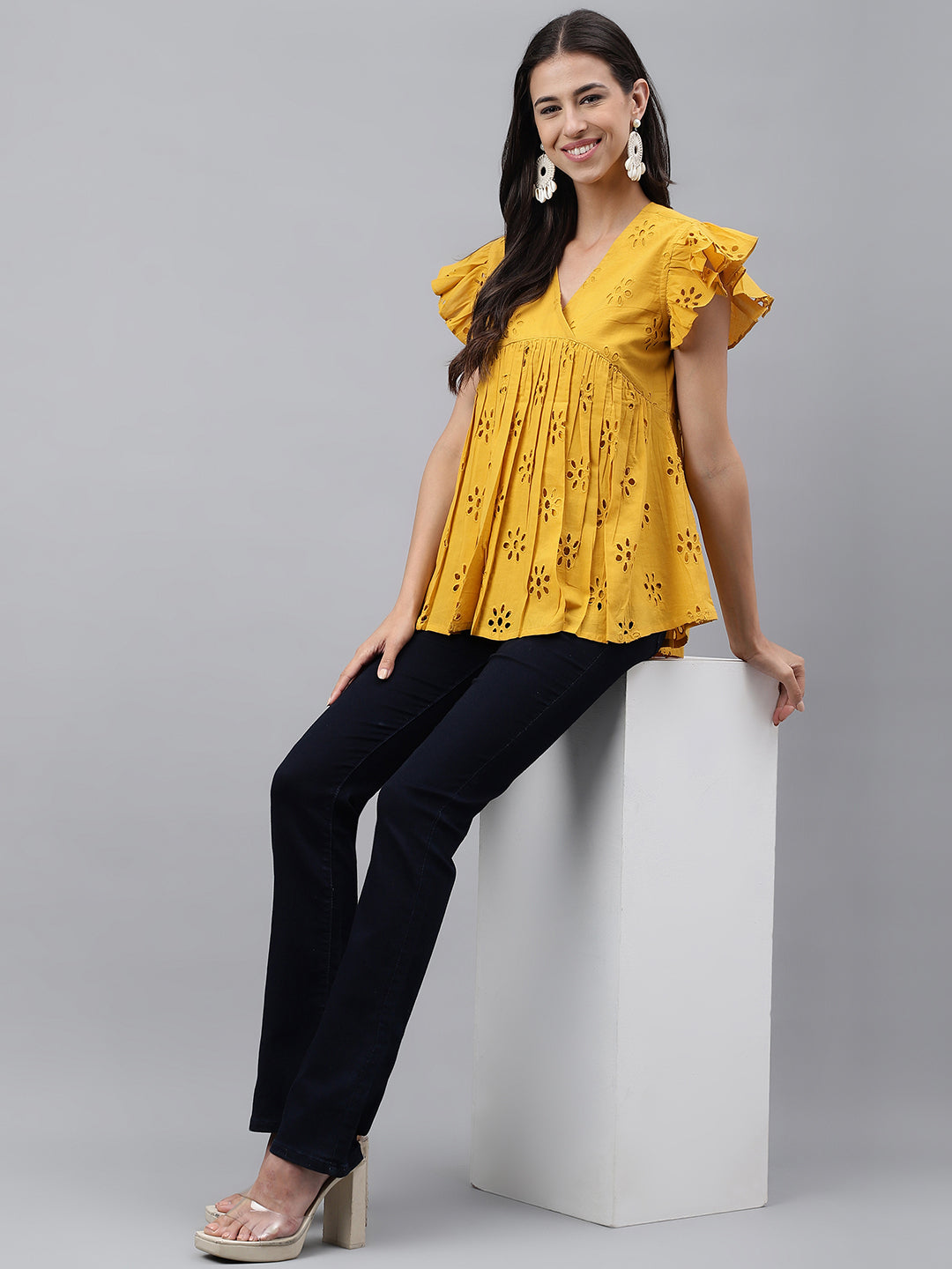 Janasya Women's Mustard Cotton Schiffli Casual Gathered Top | Swadesiicart