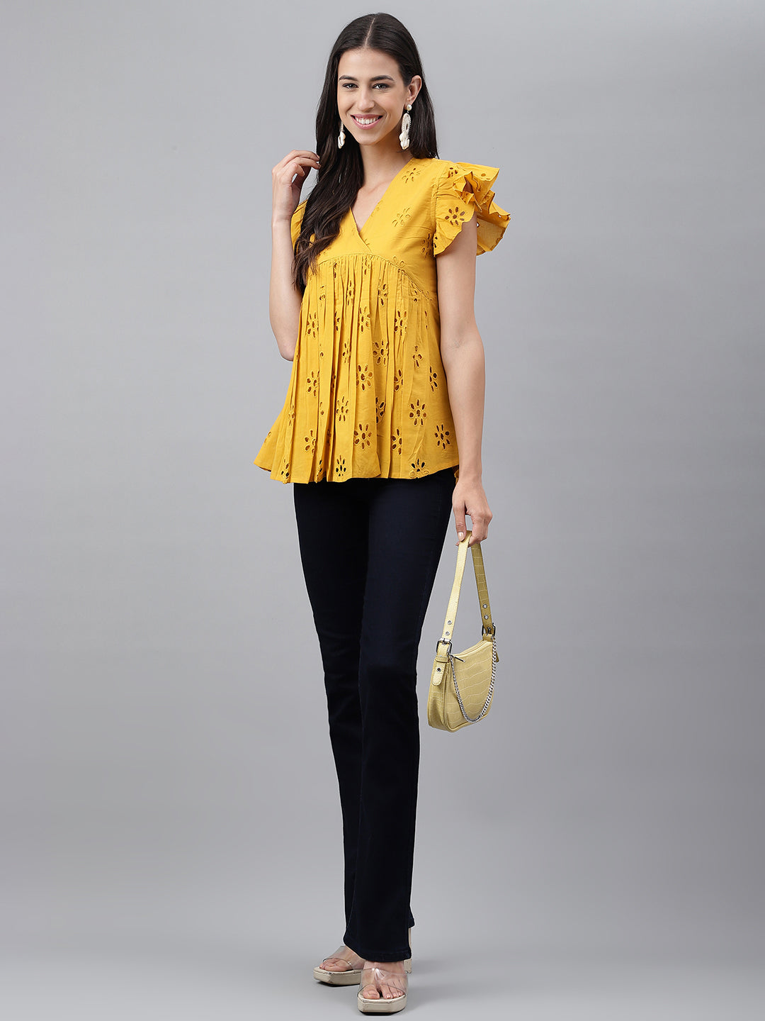 Janasya Women's Mustard Cotton Schiffli Casual Gathered Top | Swadesiicart