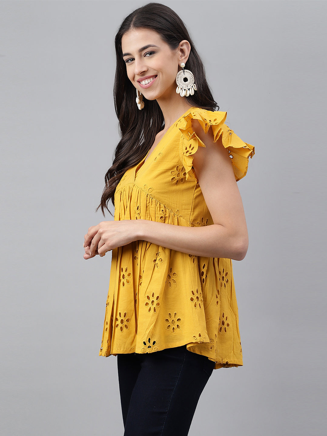 Janasya Women's Mustard Cotton Schiffli Casual Gathered Top | Swadesiicart