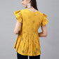 Janasya Women's Mustard Cotton Schiffli Casual Gathered Top | Swadesiicart