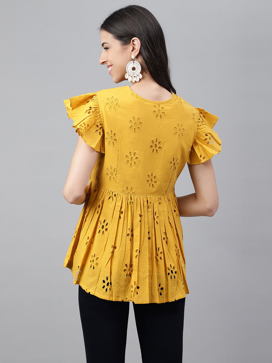 Janasya Women's Mustard Cotton Schiffli Casual Gathered Top | Swadesiicart