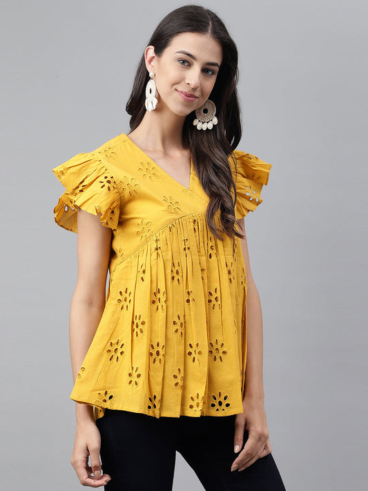 Janasya Women's Mustard Cotton Schiffli Casual Gathered Top | Swadesiicart