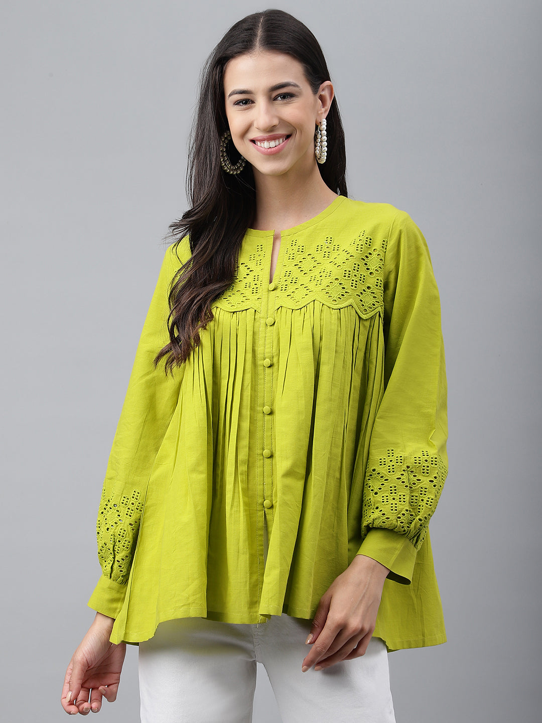 Janasya Women's Lime Green Cotton Schiffli Casual Flared Top | Swadesiicart