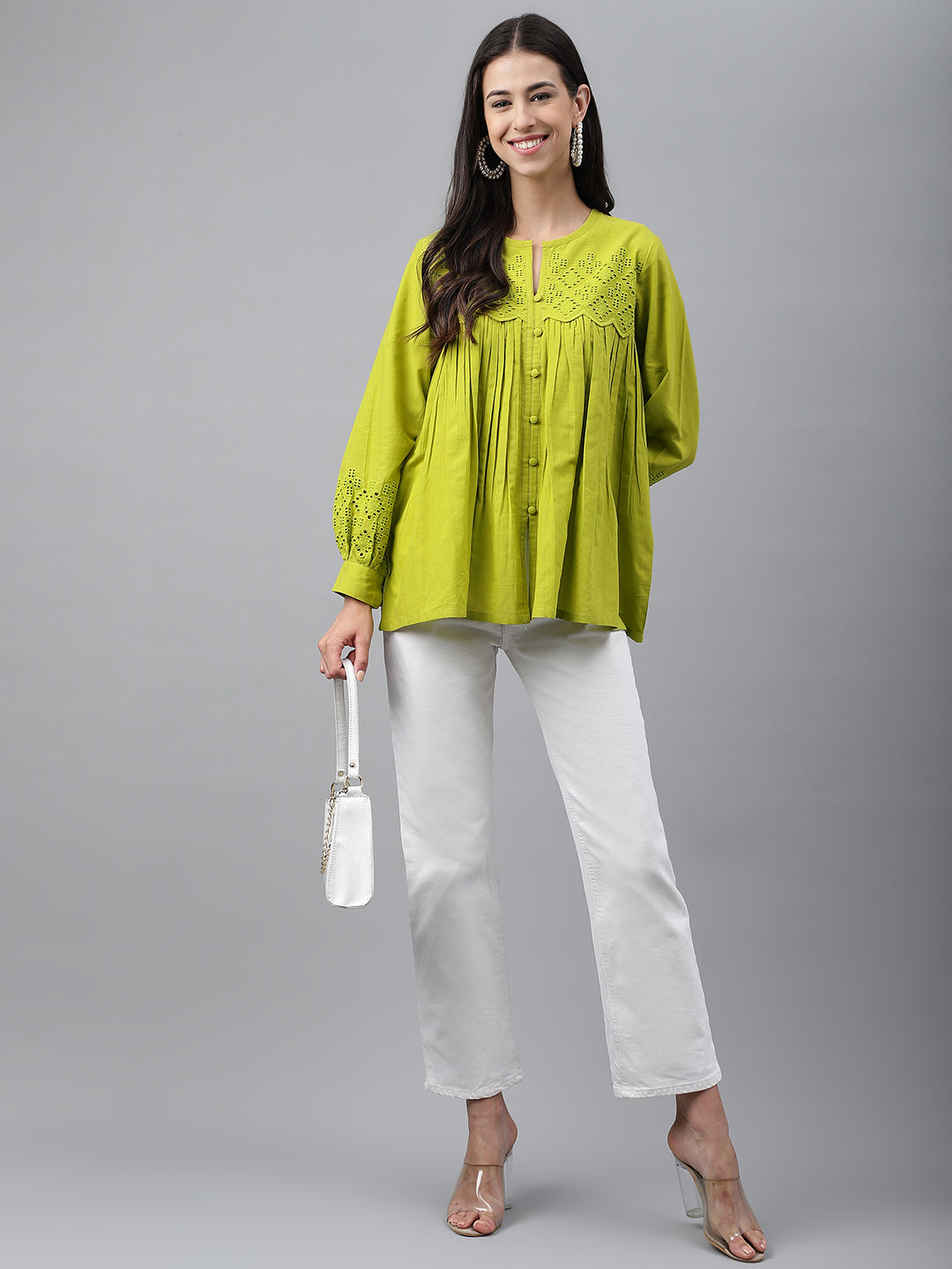 Janasya Women's Lime Green Cotton Schiffli Casual Flared Top | Swadesiicart
