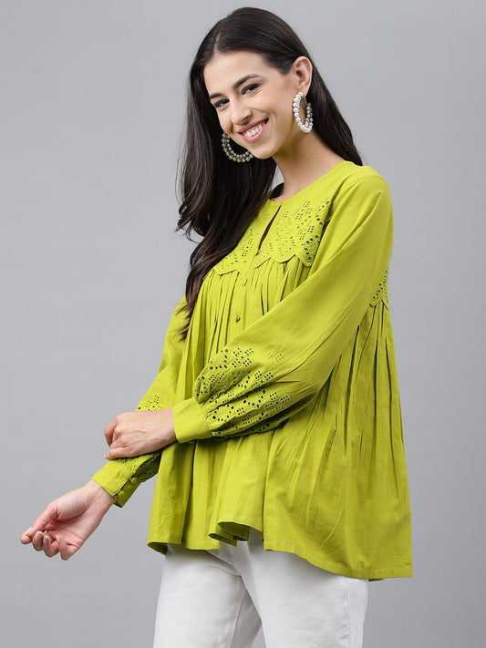 Janasya Women's Lime Green Cotton Schiffli Casual Flared Top | Swadesiicart
