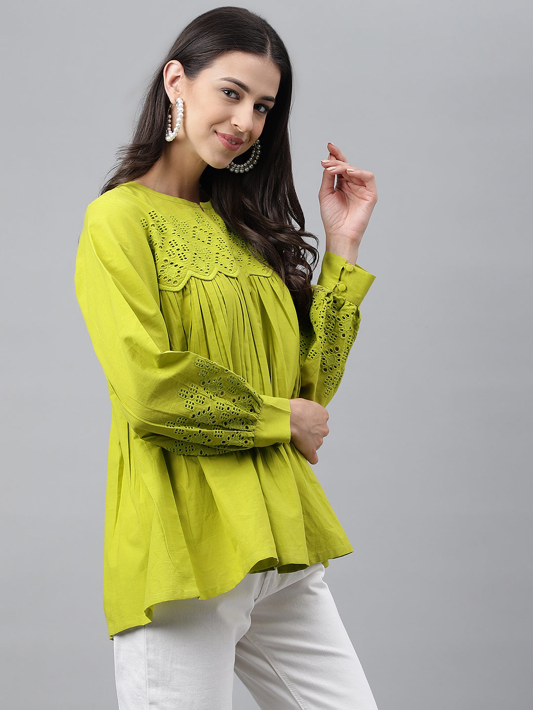 Janasya Women's Lime Green Cotton Schiffli Casual Flared Top | Swadesiicart