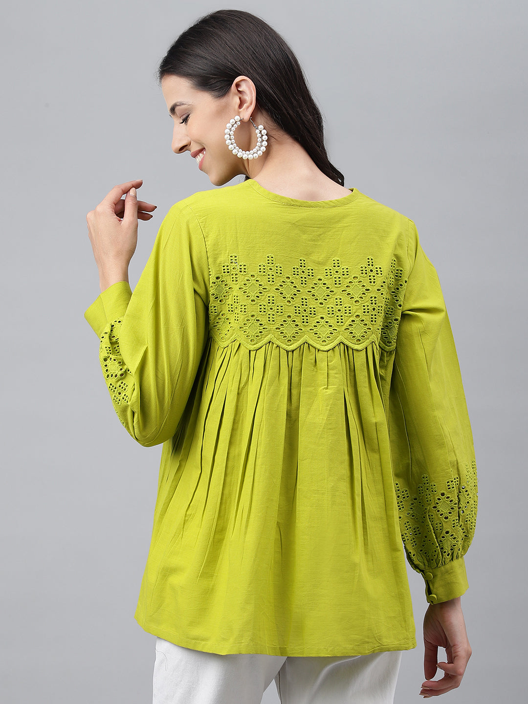 Janasya Women's Lime Green Cotton Schiffli Casual Flared Top | Swadesiicart