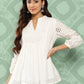 Janasya Women's White Cotton Schiffli Casual A-Line Top | Swadesiicart